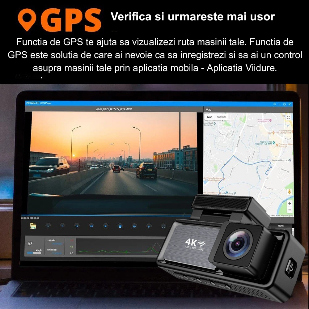 Camera Auto DUALA 4K RAMWISH® cu GPS si WiFi